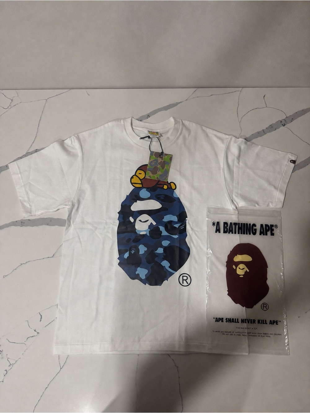 A Bathing Ape White Short-Sleeve Tee with Blue Camo Ape Head